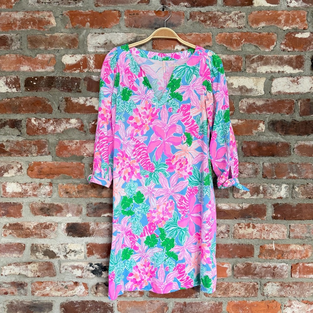 Lilly Pulitzer Cath Dress XXS Tigers Lair Pink Floral 3/4 Sleeve Shift Dress
